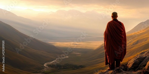Spiritual reflection of a monk in a breathtaking valley.