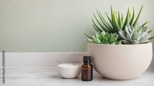 Wallpaper Mural A serene arrangement featuring a succulent plant in a pot alongside a small bowl and a bottle of essential oil against a soft green background. Torontodigital.ca
