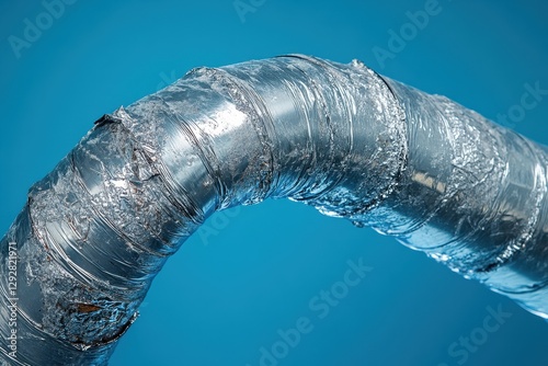 A lint filled aluminum dryer vent duct set against a blue backdrop