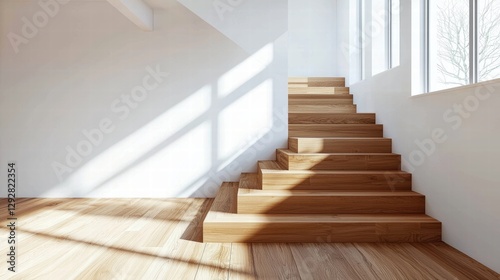 A serene minimalist interior design featuring a wooden staircase.