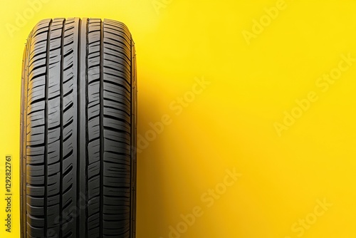 A single black automobile tire against a vibrant yellow background