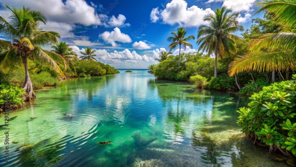 Obraz premium Tranquil Tropical Oasis with Lush Greenery and Calm Water Reflection