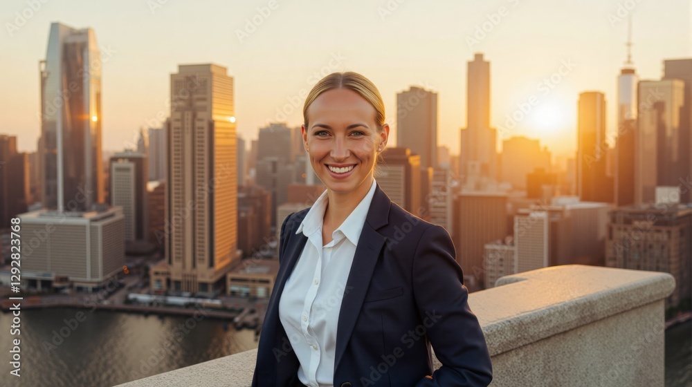 Smiling woman in dark blue suit stands against sunset-heat horizon over city and river during golden hour. Warm sunlight creates a glowing atmosphere, highlighting her confident expression. Smiling woman in dark blue suit stands against sunset-heat horizon over city and river during golden hour. Warm sunlight creates a glowing atmosphere, highlighting her confident expression.