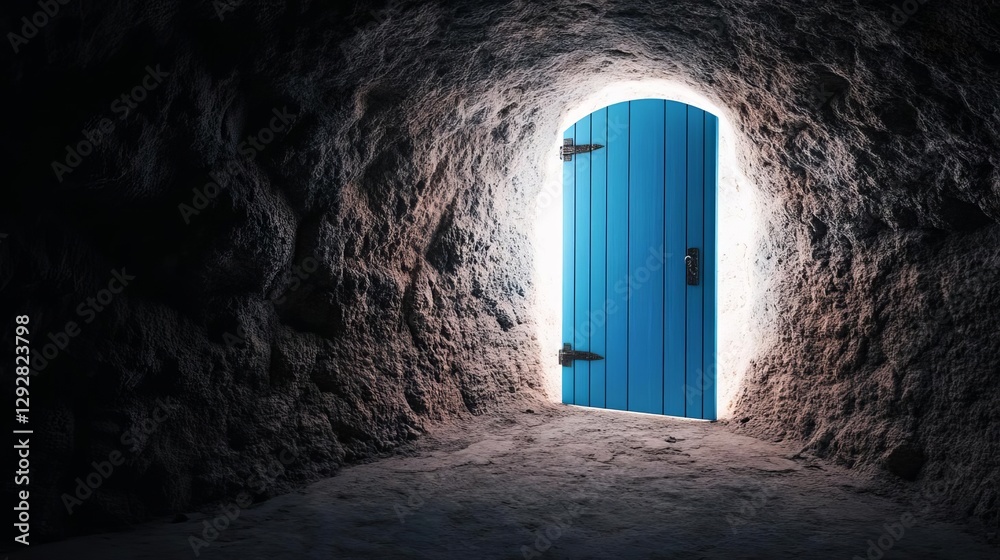 Fototapeta premium Cavernous underground tunnel with an eerie open blue door, glowing in the darkness