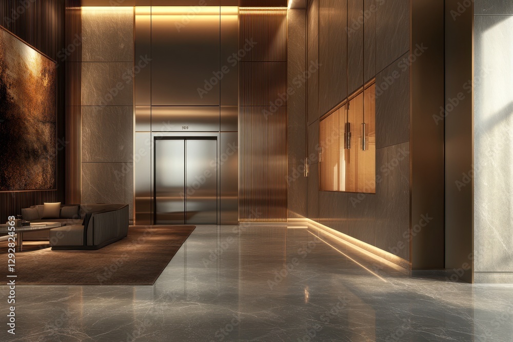 A modern elevator lobby featuring sleek design metallic doors and a warm wood entrance A modern elevator lobby featuring sleek design metallic doors and a warm wood entrance