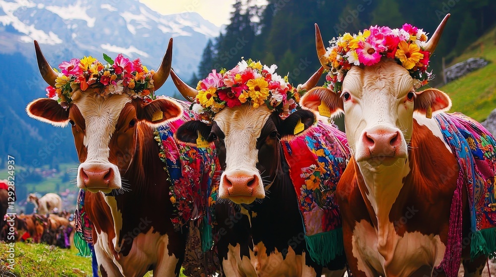 Traditional Pentecost Sunday with Adorned Cows in Majestic Mountains