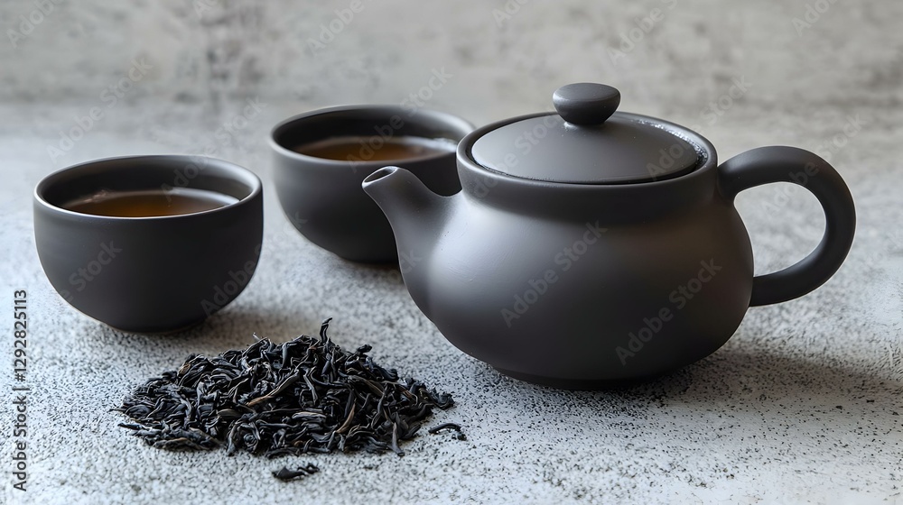 Hot tea in black teapot and cups and dry tea Hot tea in black teapot and cups and dry tea
