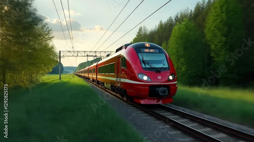 A red train is traveling down the tracks. The train is on a green field. The train is moving fast