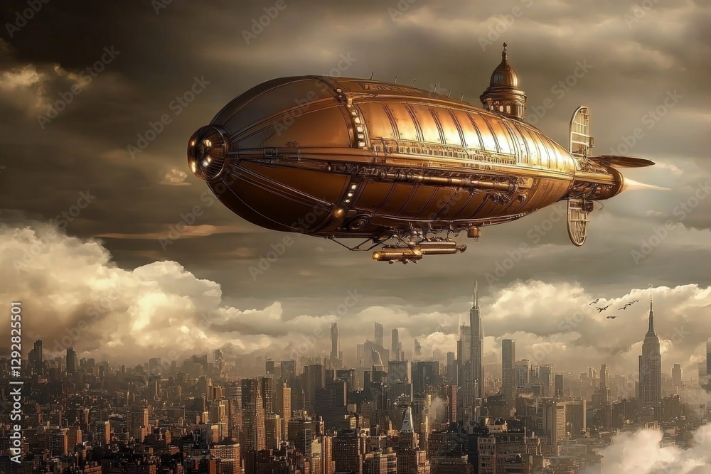 Naklejka premium A captivating steampunk landscape featuring an airship soaring through the clouds.