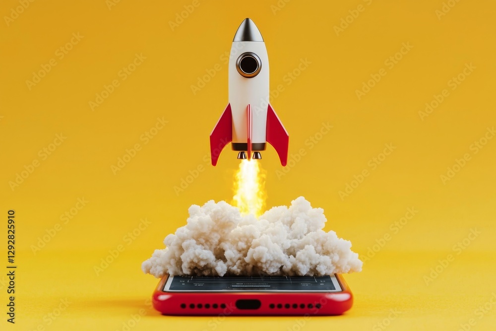 Capturing innovation, a cell phone screen showcases a rocket taking flight, emphasizing growth in tech.