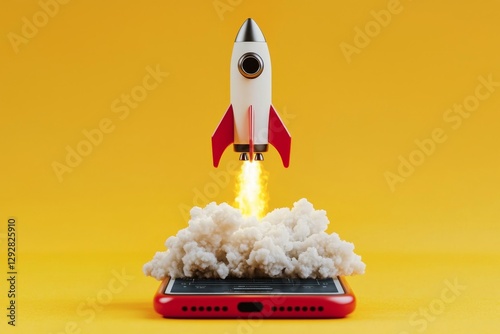 Obraz na płótnie Capturing innovation, a cell phone screen showcases a rocket taking flight, emphasizing growth in tech. w salonie