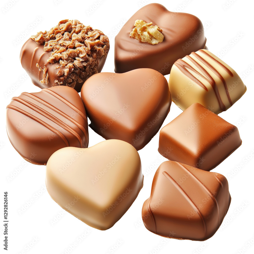 Fototapeta premium Assortment of delicious chocolates in various shapes and flavors perfect for gifting or indulging any time of year isolated on transparent background..