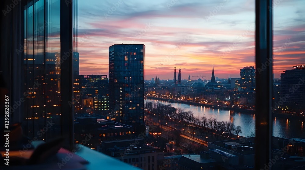 Fototapeta premium Stunning Cityscape at Sunset Viewed from Modern Window Urban Panorama River Twilight
