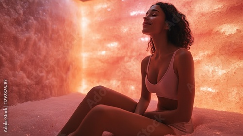 Young Adult Woman in Salt Room Relaxing and Enjoying Therapeutic Benefits of Halotherapy Amidst Pink Himalayan Salt Walls