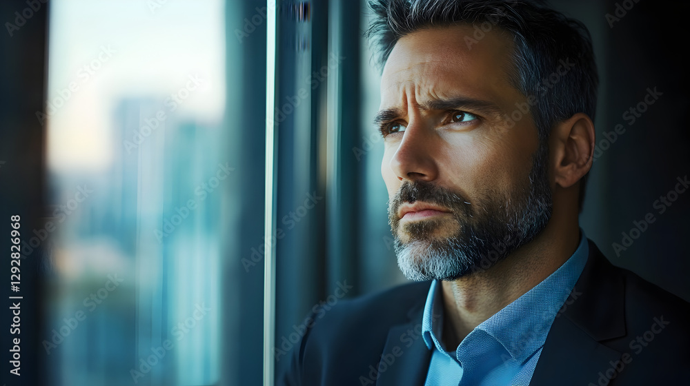 Fototapeta premium gazing out of the office window, with a gloomy expression, reflecting on the negative impact of recent business challenges
