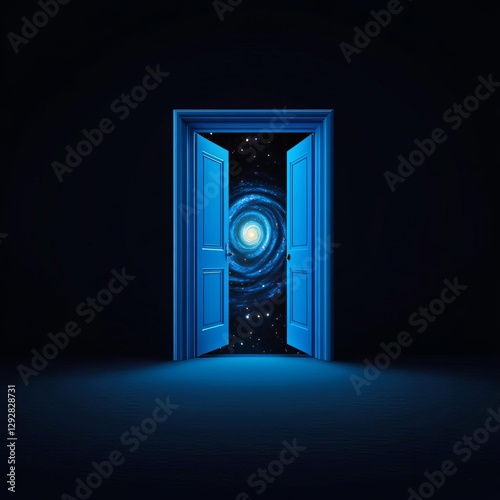 Floating open blue door in deep space, swirling galaxies visible beyond the threshold