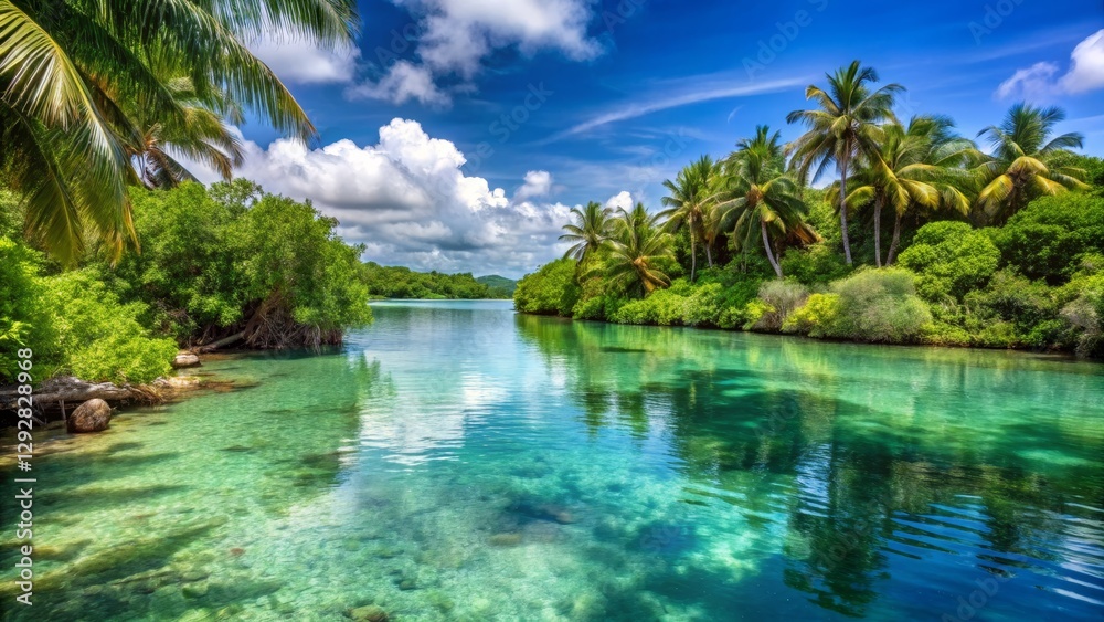 Obraz premium Serene Tropical River Surrounded by Lush Greenery and Blue Sky