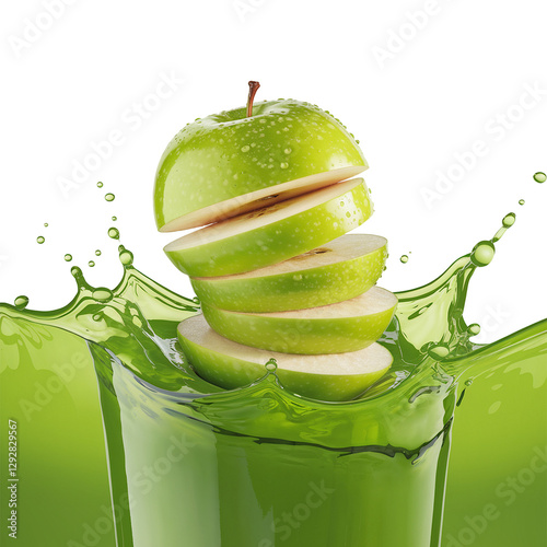 Fresh Green Apple Splash with Slice Cut Apple in Green Liquid Juice on Transparent Background
