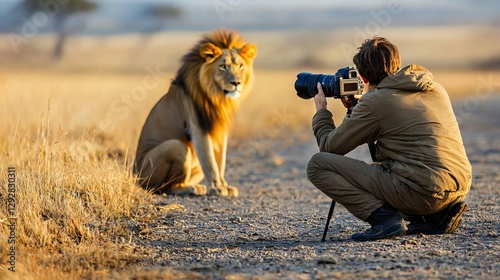 A wildlife photographer patiently crouches with a high-quality camera, poised to capture the perfect shot of a majestic animal in a remote setting.