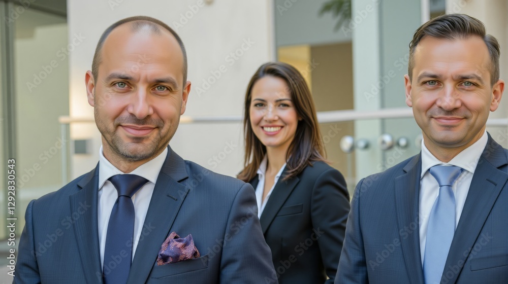 Walking meetings with three smiling business professionals in front of modern glass building. Two men in suits and one woman in blazer radiate confidence, collaboration, and success. Walking meetings with three smiling business professionals in front of modern glass building. Two men in suits and one woman in blazer radiate confidence, collaboration, and success.