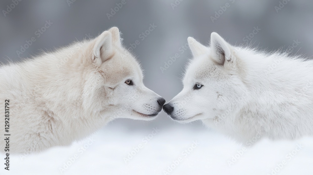 Obraz premium Two white wolves noses touching in snowy forest. Possible use nature, wildlife, animals, winter