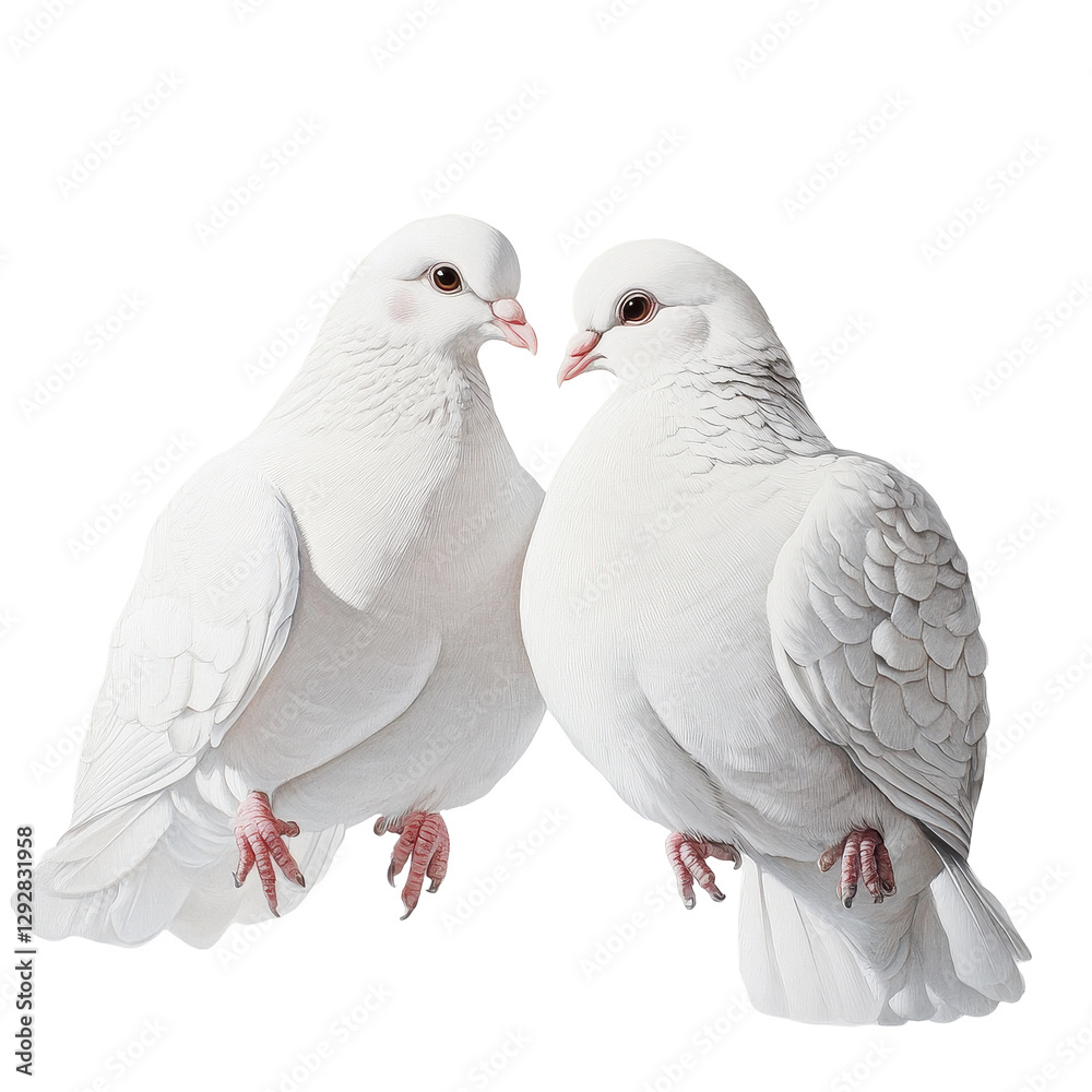 Fototapeta premium Two white doves perched closely together against a pure Transparent background, Two White Doves PNG background