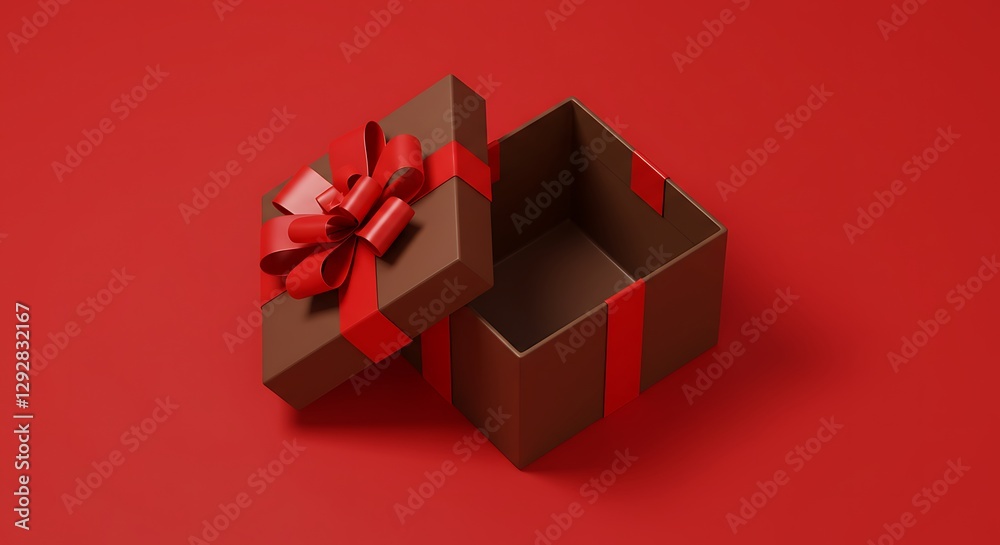 Fototapeta premium Top view of open gift box or present box with red ribbon and bow on red background with shadow 3D rendering