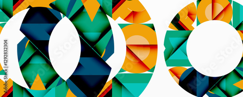 Abstract geometric artwork with interwoven angular and curved shapes, dynamic composition with smooth gradients and bold contrasts