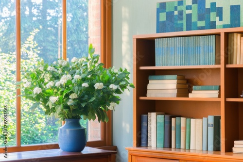 Blue vase with white flowers on a sunlit windowsill. Wooden bookshelf with colorful books in a cozy home office. Calm productivity and balanced focus. Perfect for website banners and blog