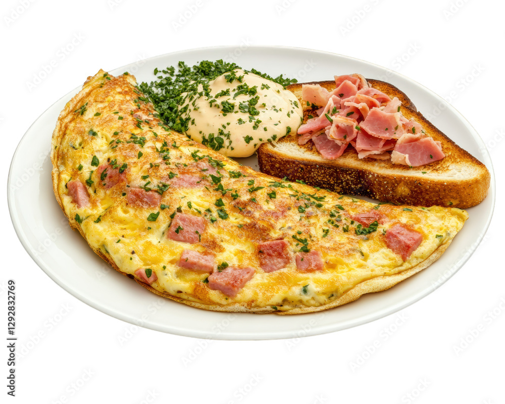 delicious plate of ham and cheese omelet served with toast and side of mashed potatoes, garnished with fresh herbs for delightful breakfast experience