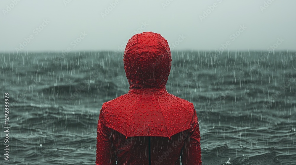 Fototapeta premium Woman in red raincoat by stormy sea