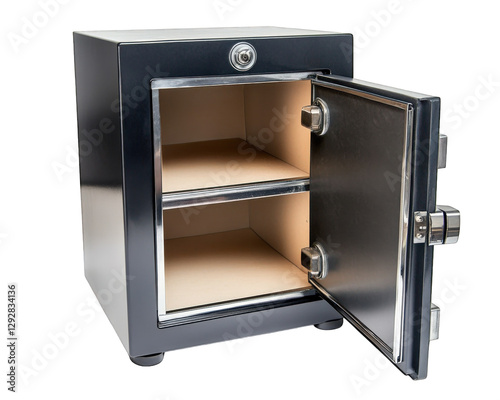 fireproof and waterproof document safe with open door, featuring two shelves for storage. This essential item provides security for important documents and valuables