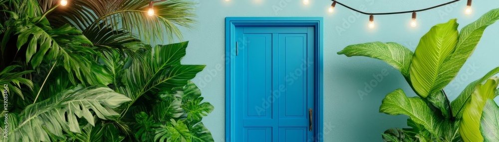 Hidden rooftop garden with an open blue door, lush plants and string lights above Hidden rooftop garden with an open blue door, lush plants and string lights above