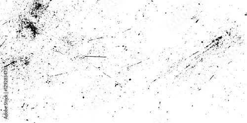 overlay texture of grainy grunge surface, Dirt messy splash overlay and Black and white Dusty scratched grunge texture, abstract dotted black particles is arranging randomly on white background.