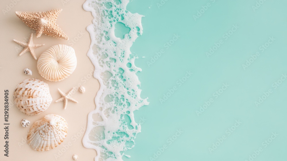 Top view of sea shell, sand with ocean. copy space