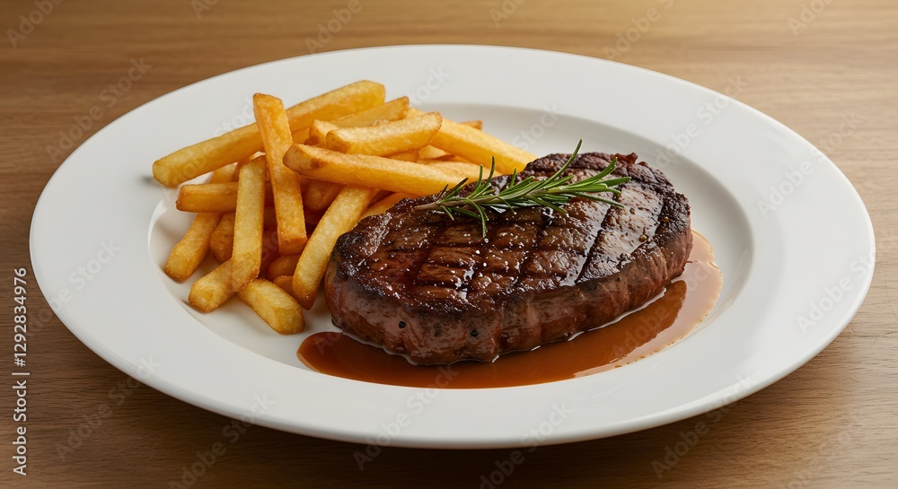Juicy Grilled Steak with Fries and Fresh Herb Garnish on White Plate Juicy Grilled Steak with Fries and Fresh Herb Garnish on White Plate