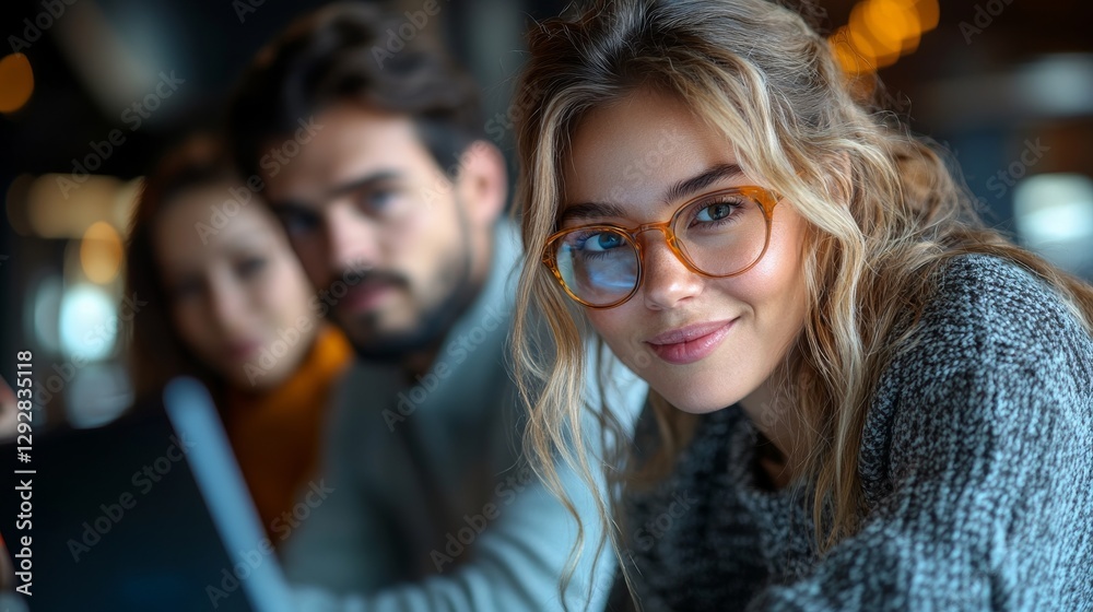 Young Woman with Friends Working on a Tablet in a Coffee Shop Young Woman with Friends Working on a Tablet in a Coffee Shop