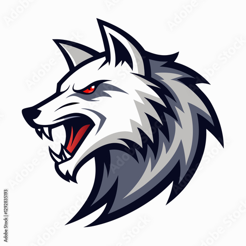 Aggressive white wolf head graphic design, stylized profile view.