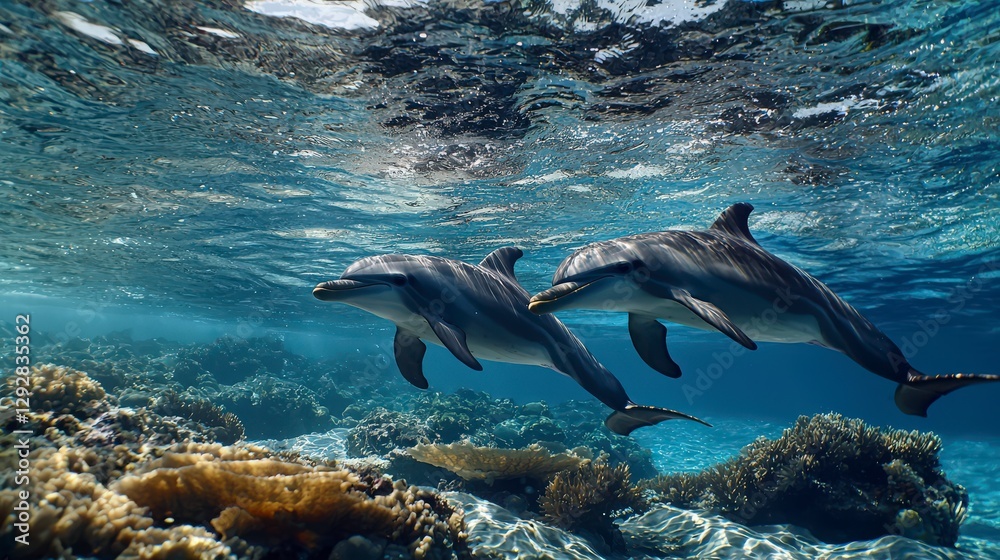 Naklejka premium Dolphins in crystal-clear tropical waters serene underwater photography of a dynamic reef environment