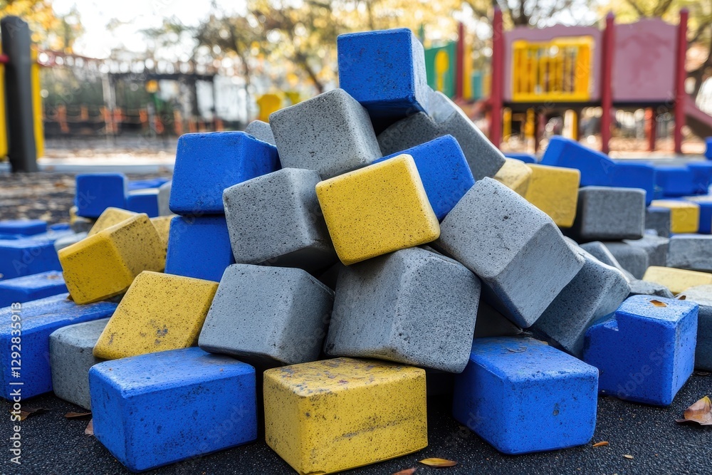 Obraz premium A stack of foam blocks in blue yellow and gray on the play area