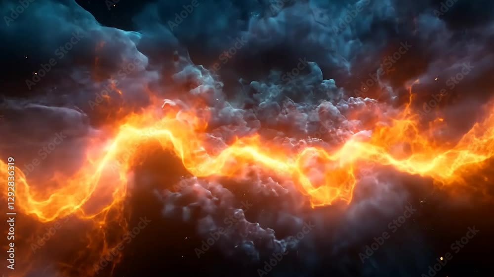 Abstract fiery energy flow through dark clouds