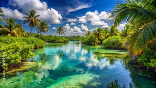 Tranquil Tropical River Surrounded by Lush Vegetation and Palm Trees