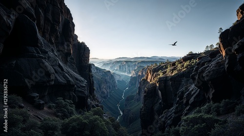 Australia's canyon ecosystem depicted with smooth gradient transitions and chiaroscuro lighting.