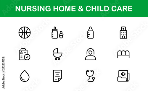 Nursing Home and Child Care Icon Set. Premium Icons for Senior Care, Elderly Assistance, Childcare, and Family Support