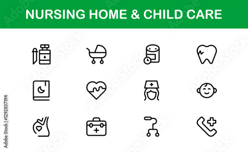 Nursing Home and Child Care Icon Set. Premium Icons for Senior Care, Elderly Assistance, Childcare, and Family Support