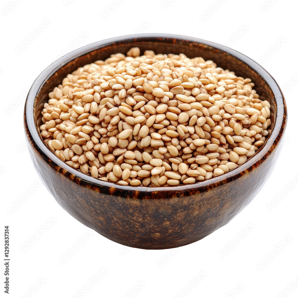 Bowl filled with raw sesame seeds set against a clean Transparent background for culinary and health visuals, sesame in a bowl isolated on PNG background Bowl filled with raw sesame seeds set against a clean Transparent background for culinary and health visuals, sesame in a bowl isolated on PNG background