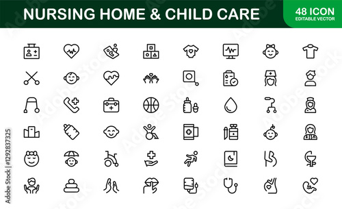 Nursing Home and Child Care Icon Set. Premium Icons for Senior Care, Elderly Assistance, Childcare, and Family Support