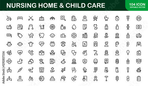 Nursing Home and Child Care Icon Set. Premium Icons for Senior Care, Elderly Assistance, Childcare, and Family Support