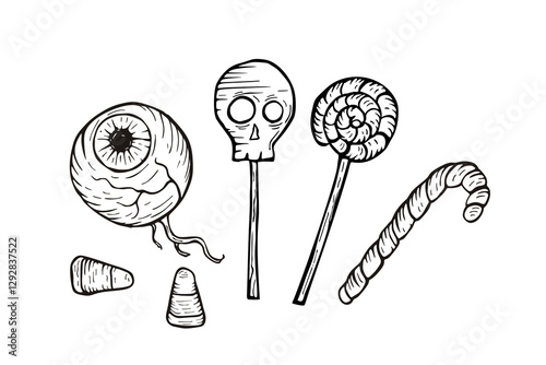 eyeball candy, skull lollipop, and sweets halloween vector illustration