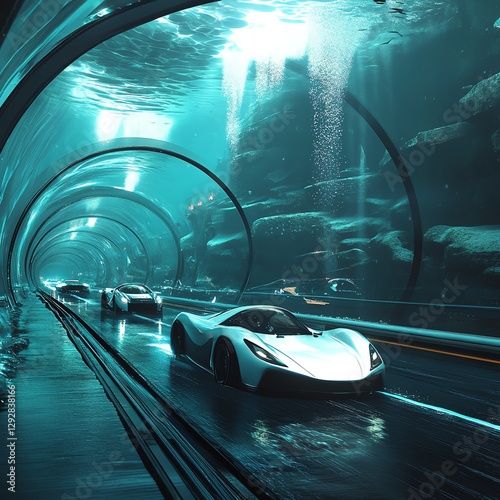 Futuristic cars driving through an underwater tunnel with blue lighting.